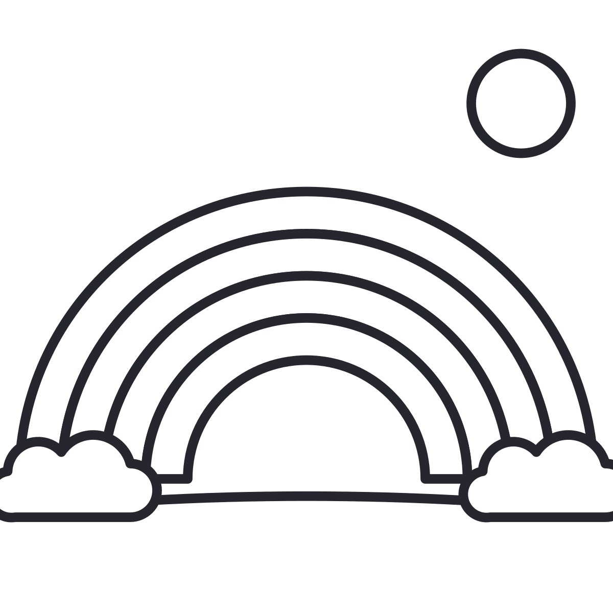Desenho de arco-íris para colorir: um arco-íris de quatro faixas entre duas nuvens, com o sol no céu.