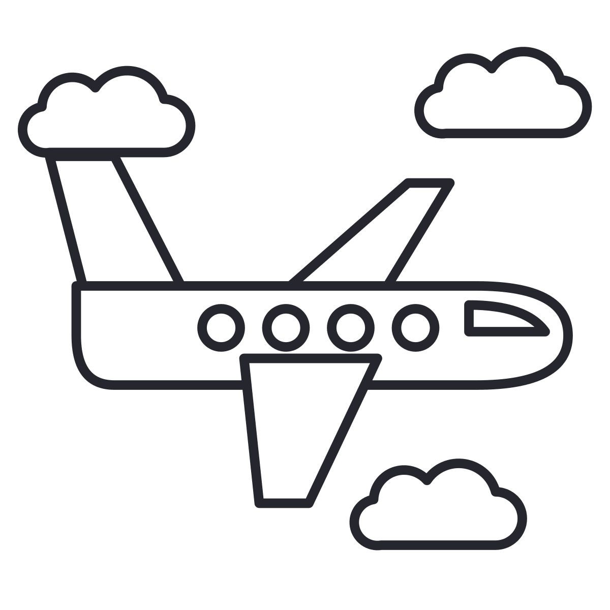 Desenho de avião para colorir: um avião voando entre as nuvens, com asas, cauda, cabine e quatro janelas.