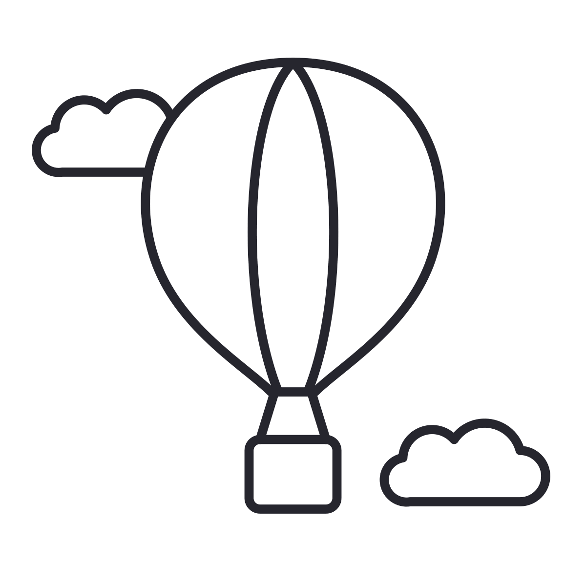 Desenho de balão para colorir: um balão de ar quente com faixa e cesto, voando entre duas nuvens.