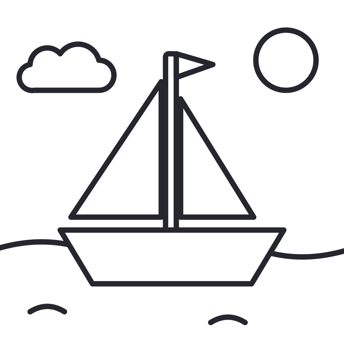 Desenho de barco para colorir: um barco a vela no mar, com mastro, bandeira, duas velas, sol e nuvem.