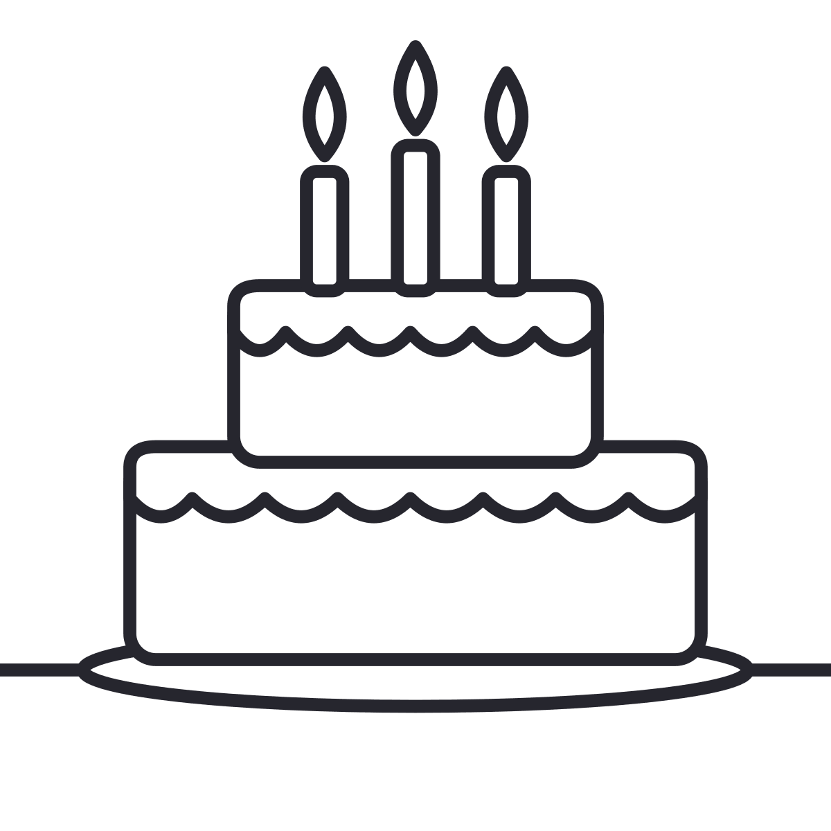 Desenho de bolo de aniversário para colorir: um bolo de dois andares com cobertura e três velas acesas, para contar as velas e pintar.