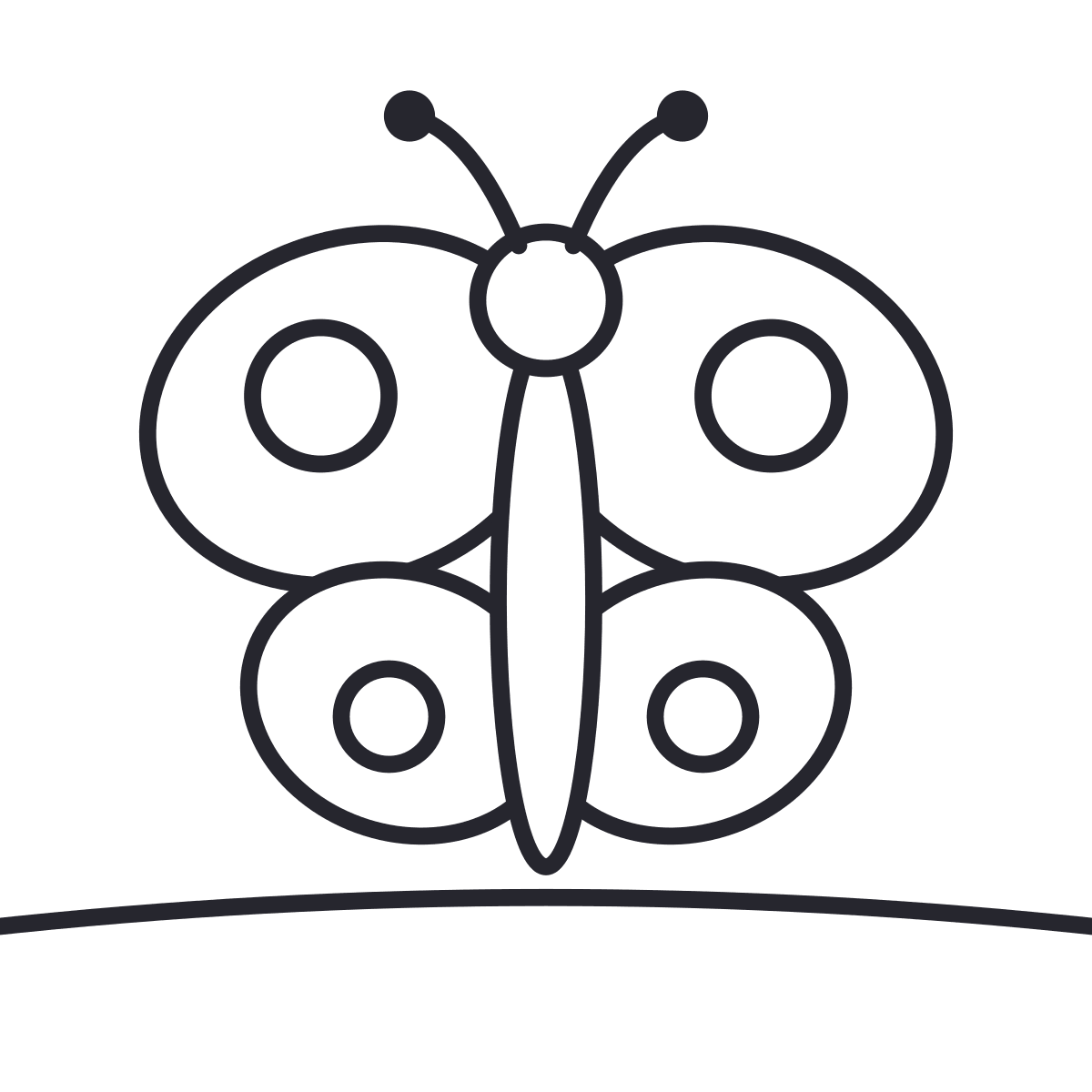 Desenho de borboleta para colorir: uma borboleta de quatro asas com bolinhas, sobre a grama: um lado igual ao outro, bom para falar de simetria.