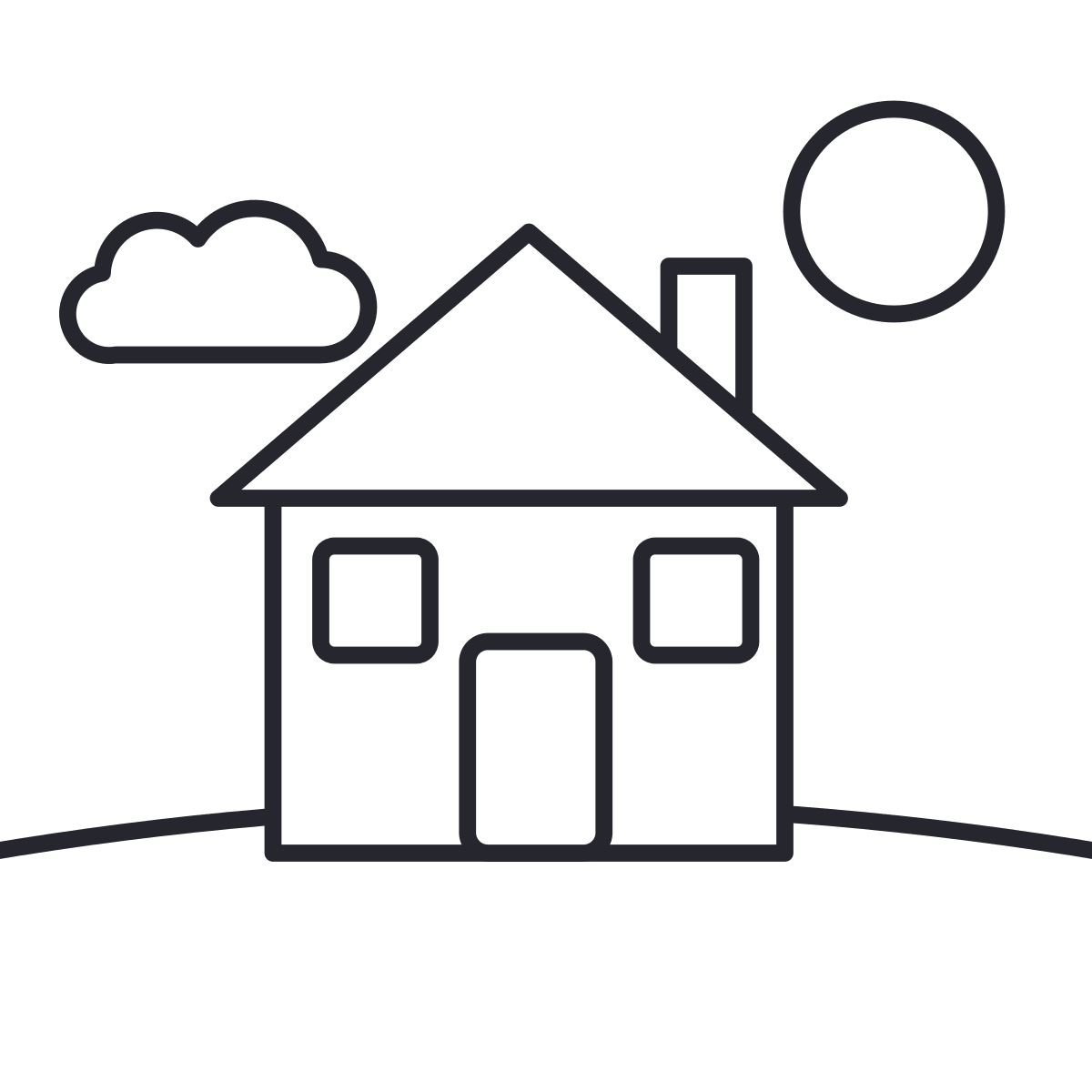 Desenho de casa para colorir: uma casa com telhado, chaminé, porta e duas janelas, com sol, nuvem e o chão em volta.