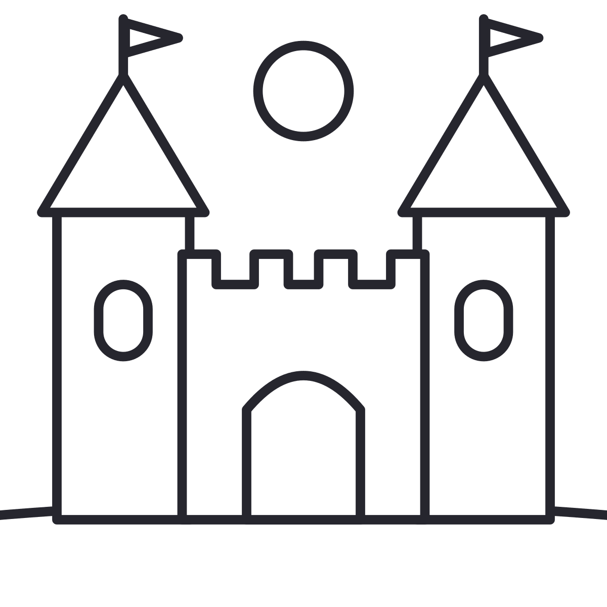 Desenho de castelo para colorir: um castelo com duas torres, bandeiras, muro, janelas e porta.