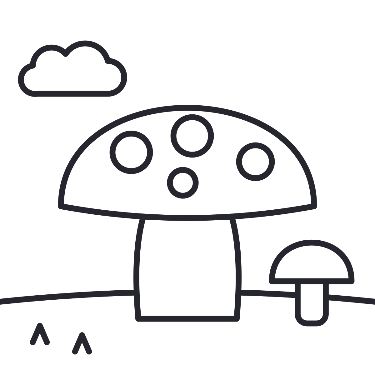 Desenho de cogumelo para colorir: dois cogumelos na grama, um grande com pintas e um pequeno do lado.