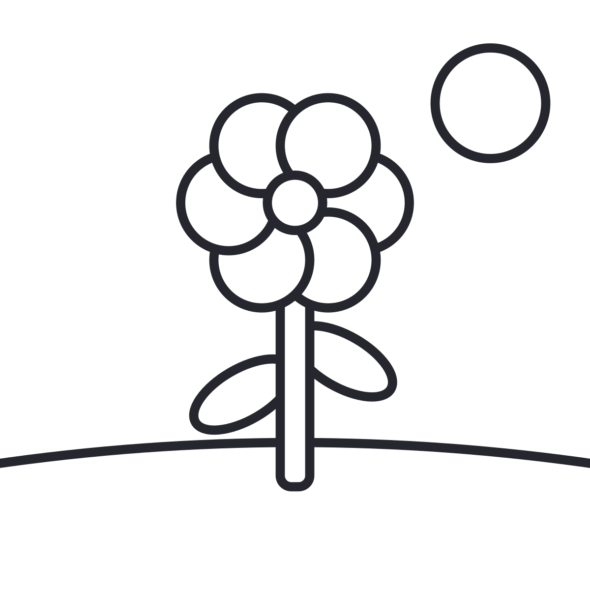 Desenho de flor para colorir: uma flor de seis pétalas com caule e duas folhas, num dia de sol na grama.