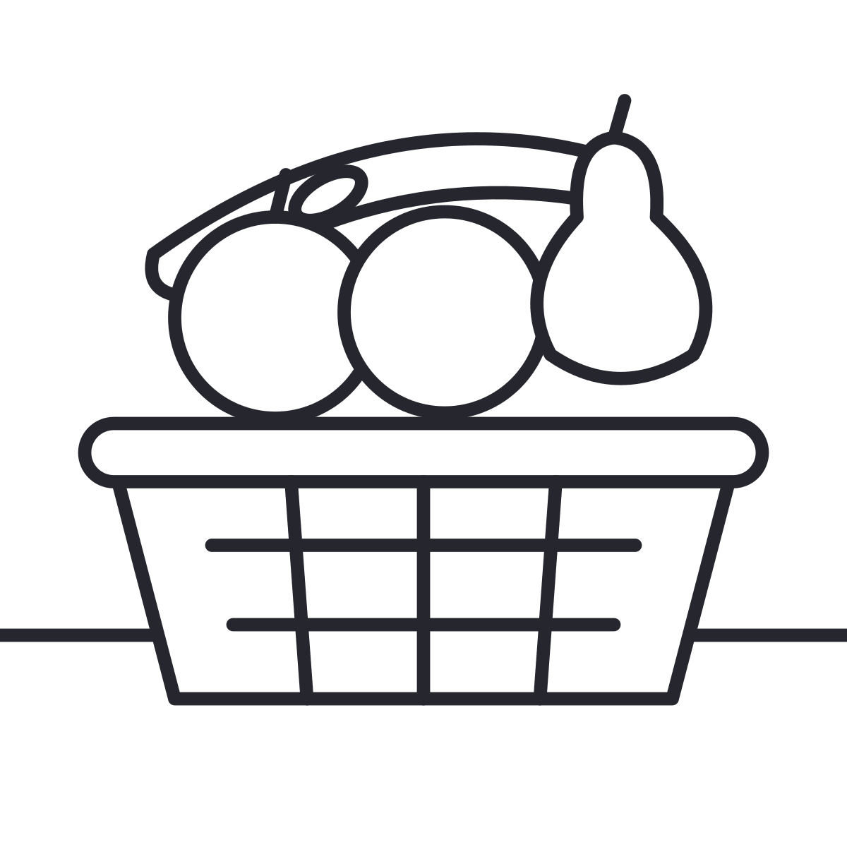 Desenho de cesta de frutas para colorir: uma cesta com banana, maçã, laranja e pera em cima da mesa, para falar o nome e a cor de cada fruta.