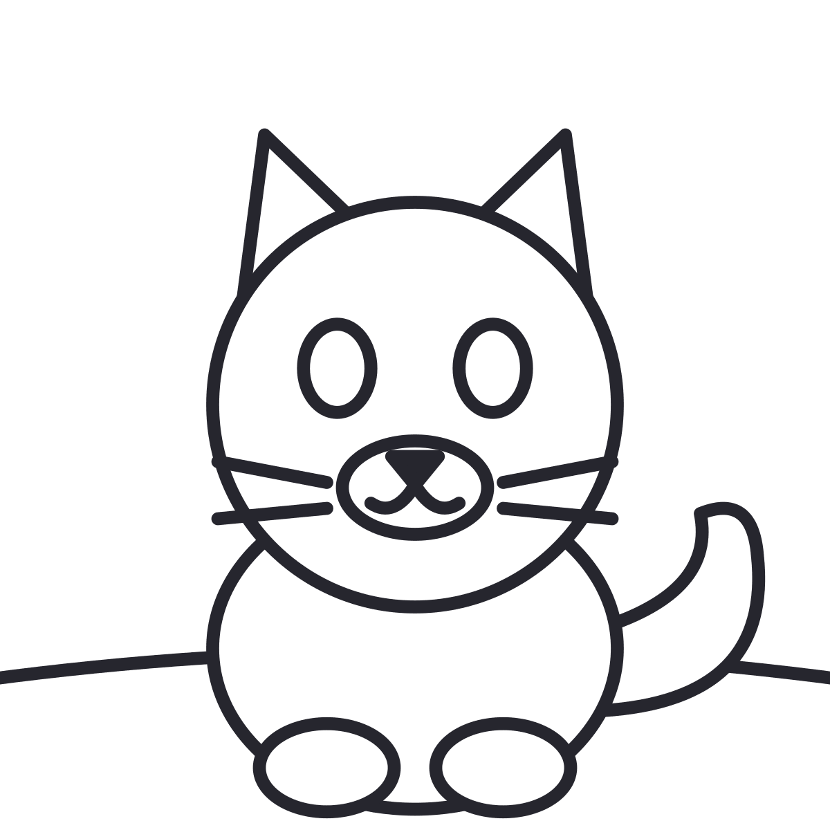 Desenho de gato para colorir: um gato sentado, com orelhas, focinho, patas e rabo, para pintar da cor que a criança quiser.