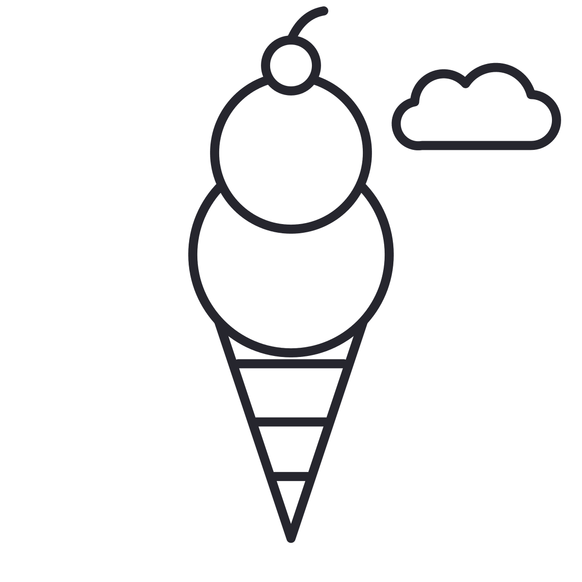 Desenho de sorvete para colorir: um sorvete de duas bolas na casquinha, com uma cereja em cima.