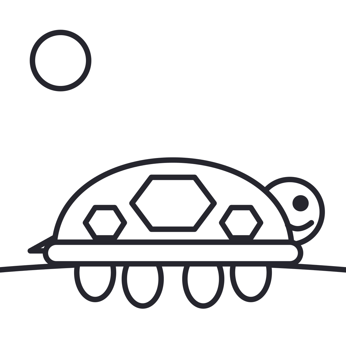 Desenho de tartaruga para colorir: uma tartaruga caminhando, com casco de placas, quatro patas, cabeça e rabo.