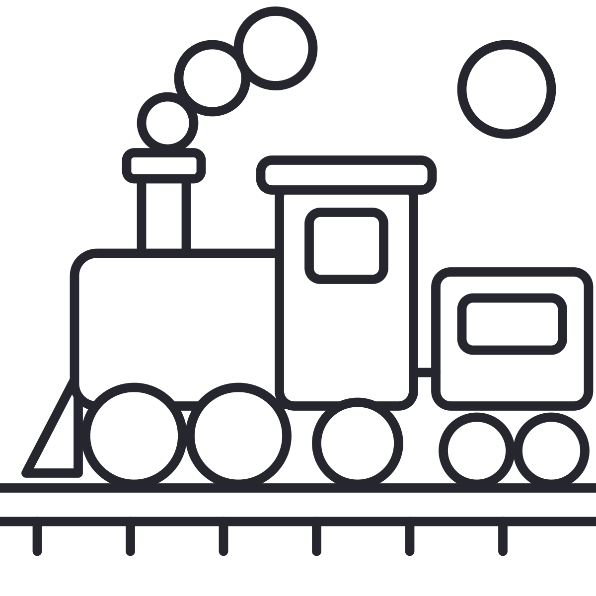 Desenho de trem para colorir: uma locomotiva a vapor com vagão, cinco rodas, chaminé e fumaça, andando no trilho.