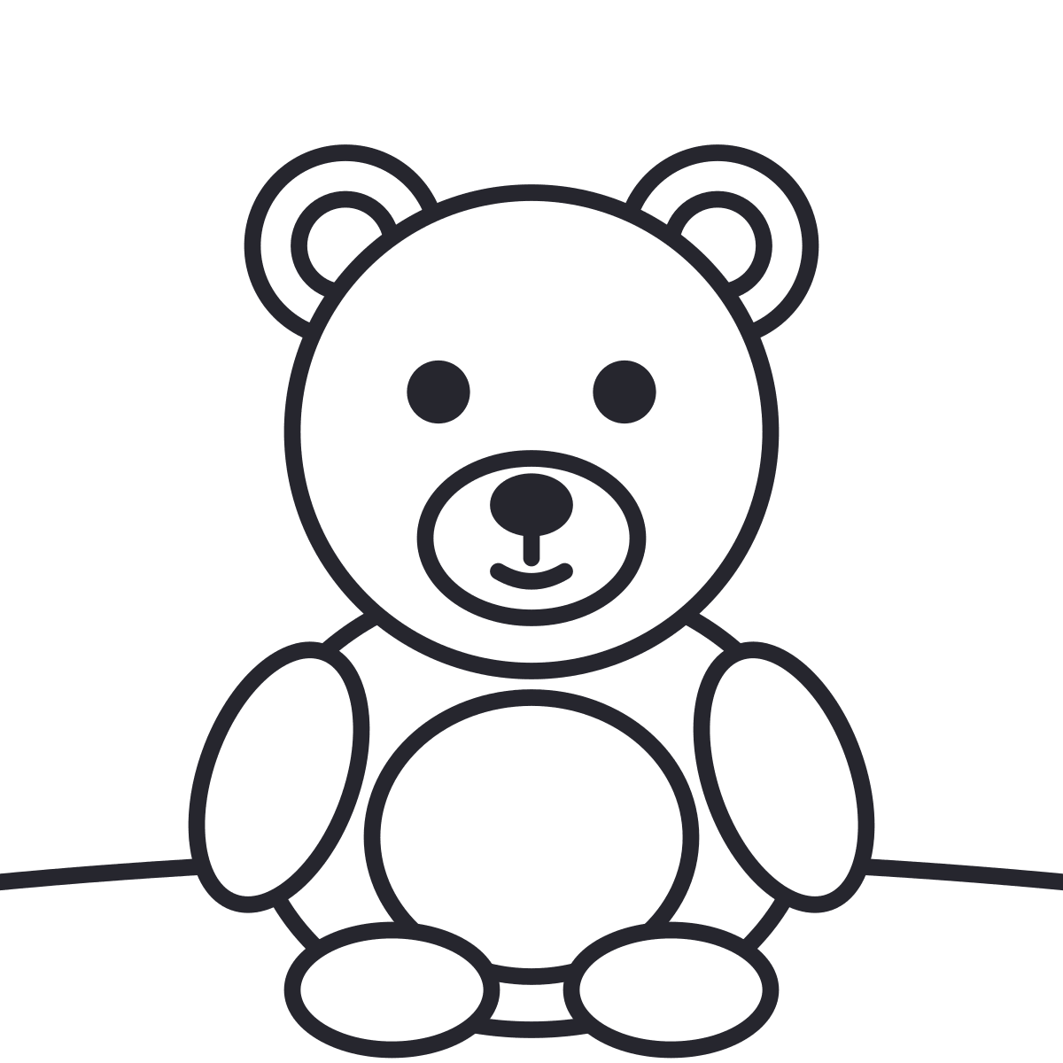 Desenho de urso para colorir: um urso sentado na grama, com orelhas, focinho, barriga, braços e pés.