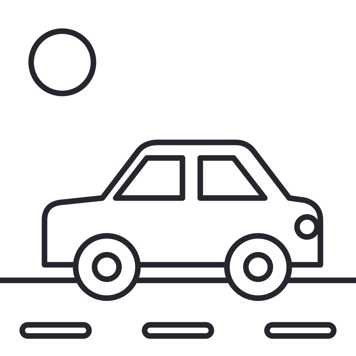 Car coloring page: a car on the road, with two windows, a headlight and wheels with hubcaps, on a sunny day.