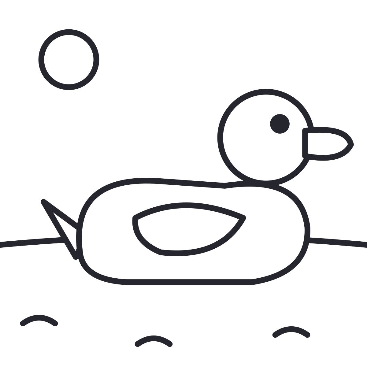 Duck coloring page: a duck swimming in the pond, with wing, beak and tail, on a sunny day.