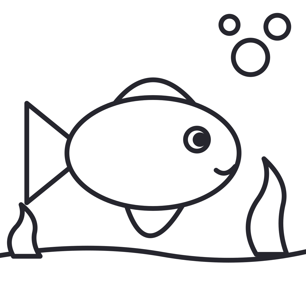 Fish coloring page: a fish swimming at the bottom of the sea, with fins, tail, bubbles, seaweed and sand.
