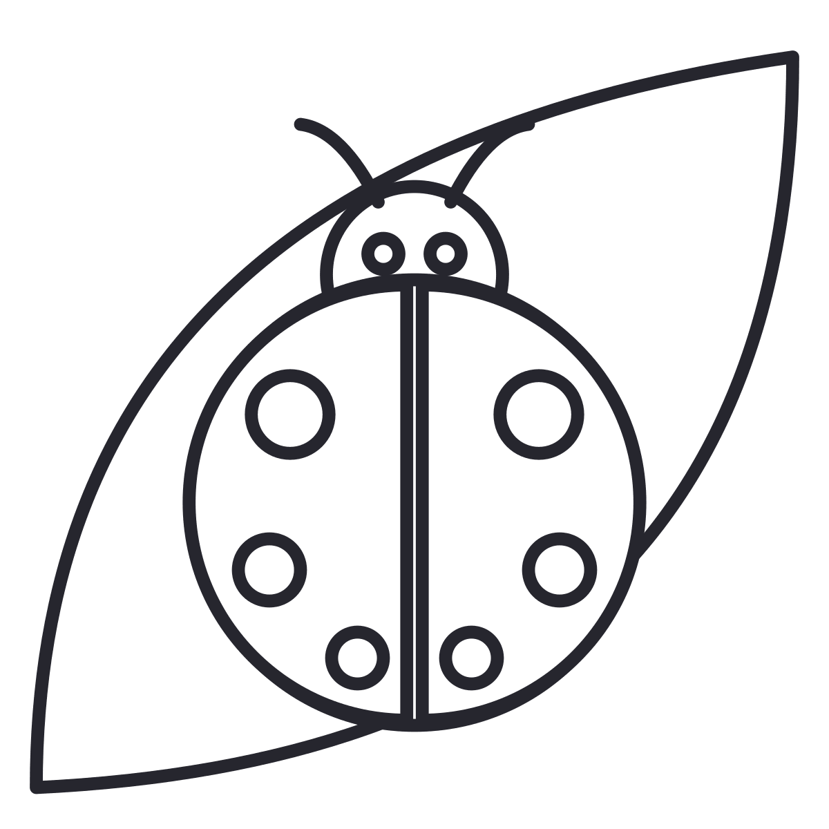Ladybug coloring page: a ladybug with six spots on a leaf, to count and color the spots.