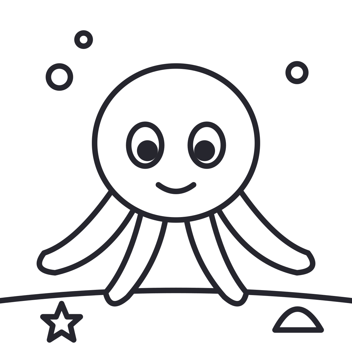 Octopus coloring page: an octopus at the bottom of the sea, with four tentacles, a shell and a starfish.