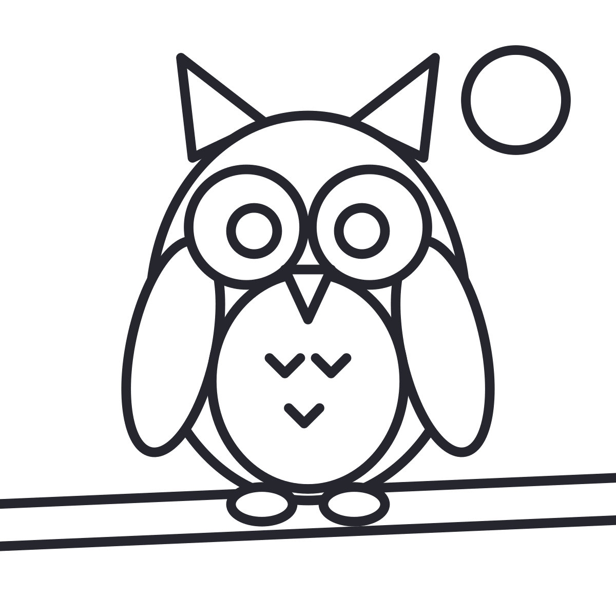 Owl coloring page: an owl perched on a branch, with big eyes, wings, belly and beak, on a moonlit night.