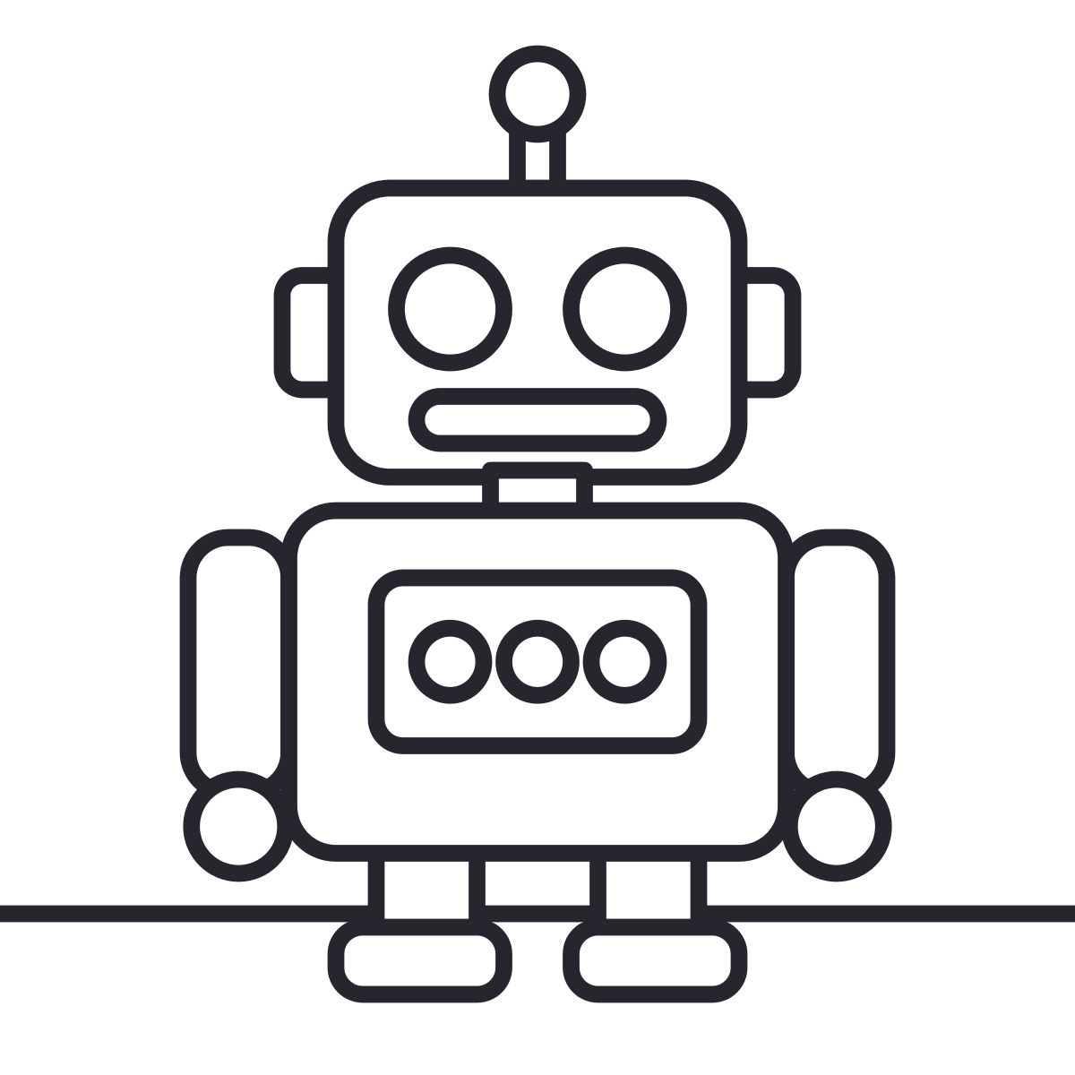 Robot coloring page: a robot with an antenna, eyes, mouth, button panel, arms, hands and feet.