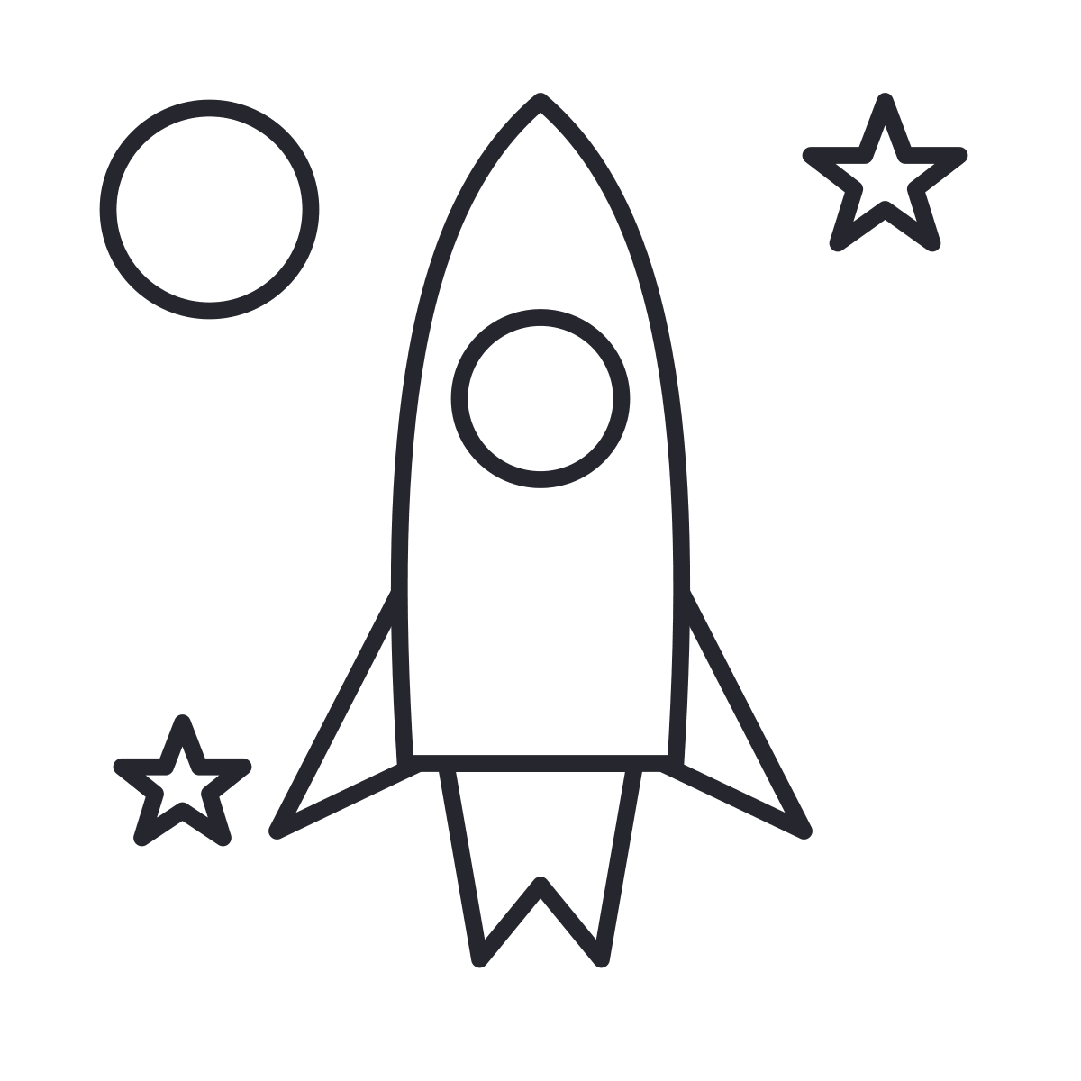 Rocket coloring page: a rocket flying through space, with a window, wings and flames, near the moon and the stars.