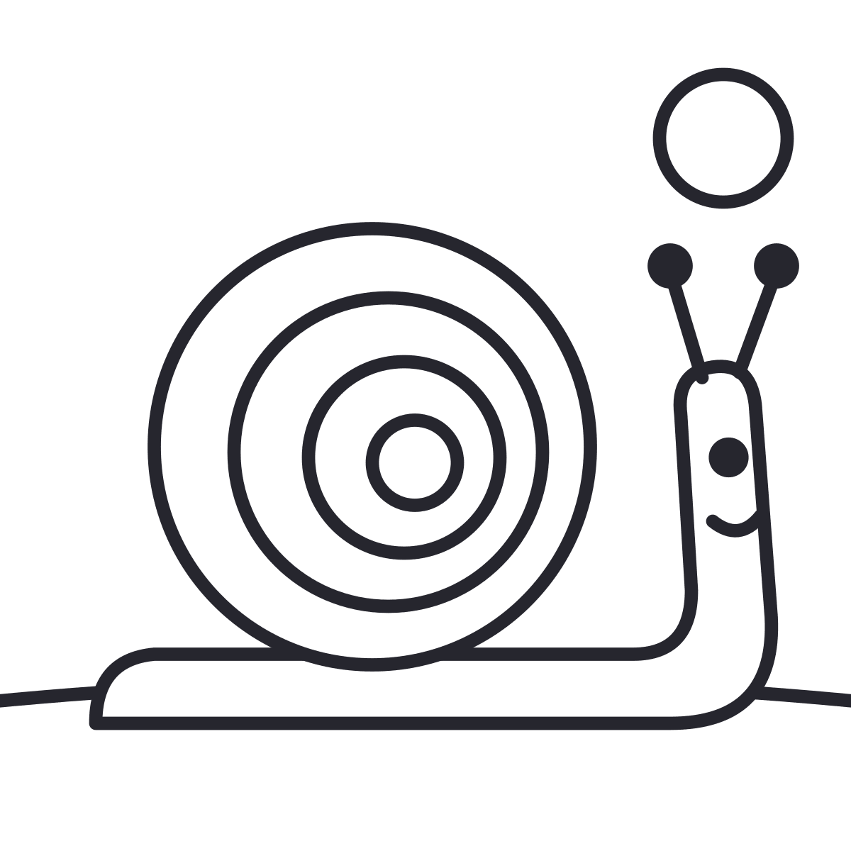 Snail coloring page: a snail with a spiral shell, strolling through the grass on a sunny day.