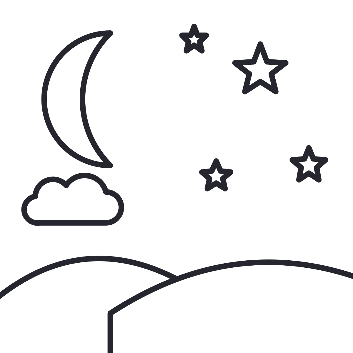Starry night coloring page: a night with a moon, four stars, a cloud and two hills.