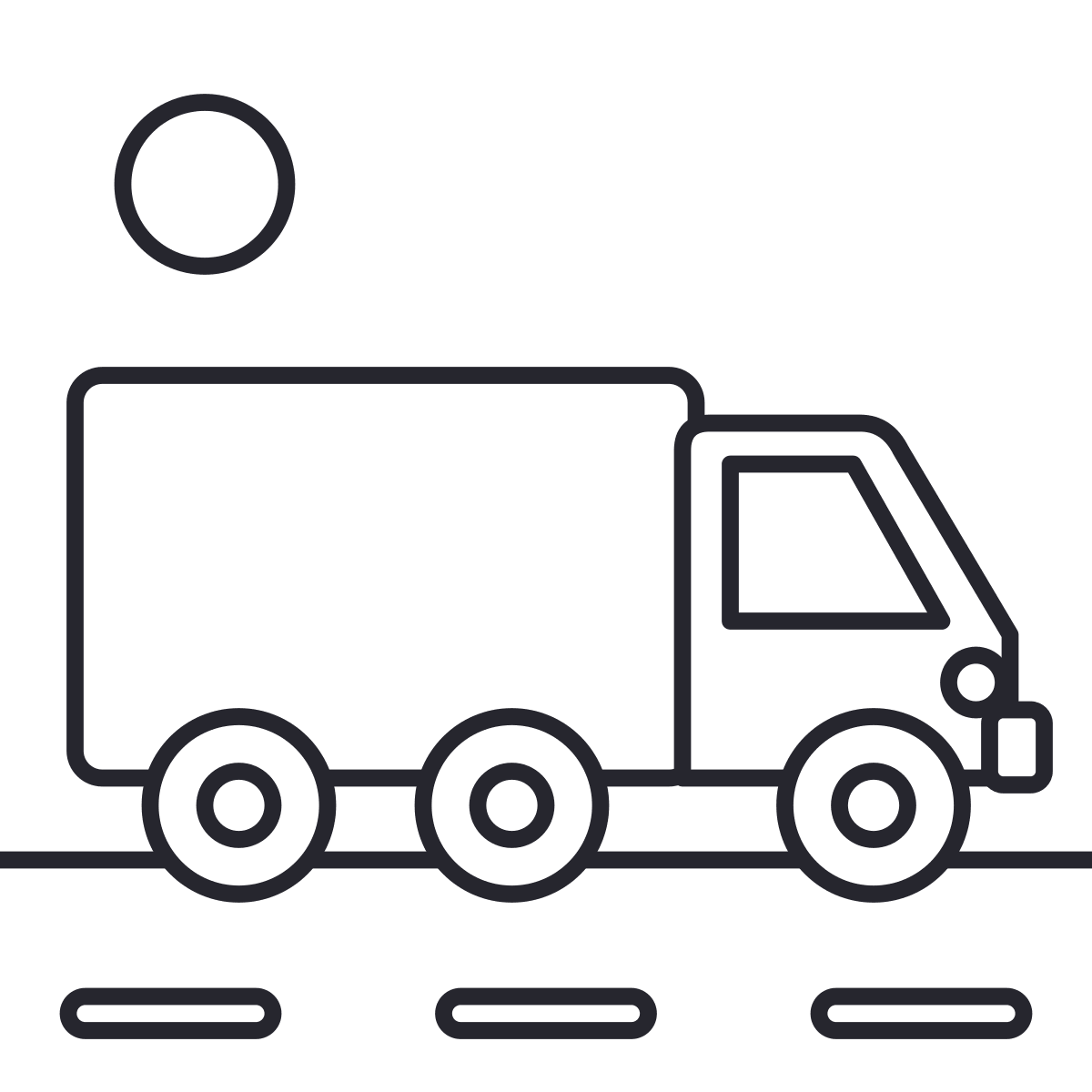 Truck coloring page: a truck on the road, with cabin, cargo bed, headlight, bumper and three wheels.