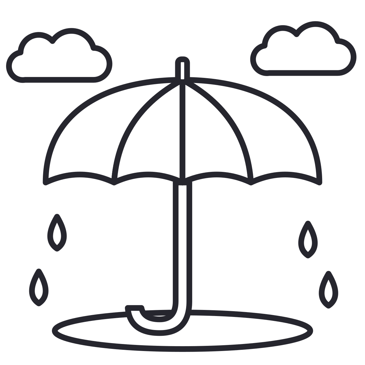 Umbrella coloring page: an open four-panel umbrella, with raindrops, clouds and a puddle.